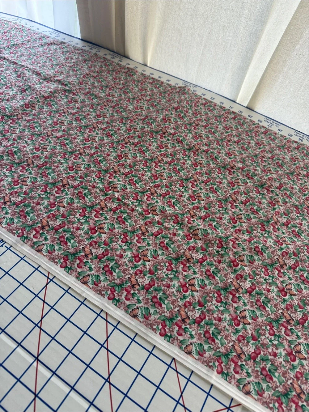 Vintage 1990s Cotton Blend Fabric 2 Yards x 44 Apple Floral Butterfly Print